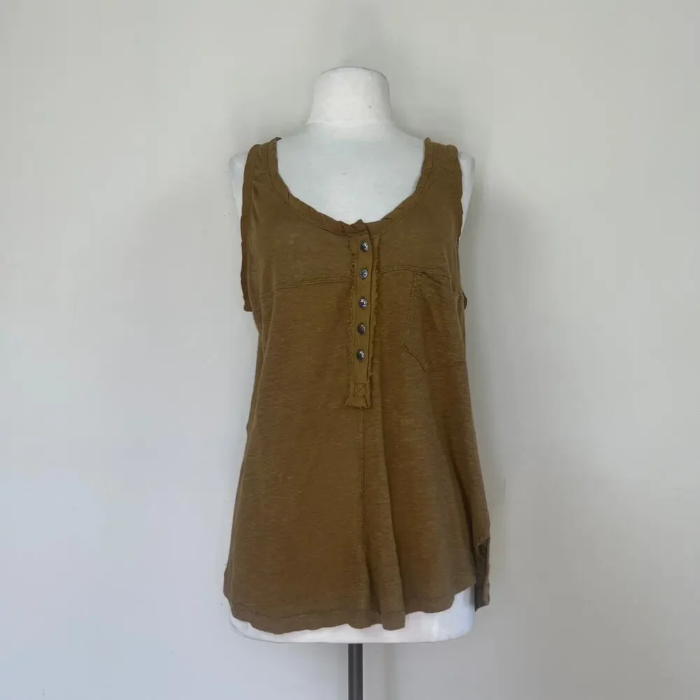 Free People traveler tank top moss green Henley linen sleeveless buttons size s